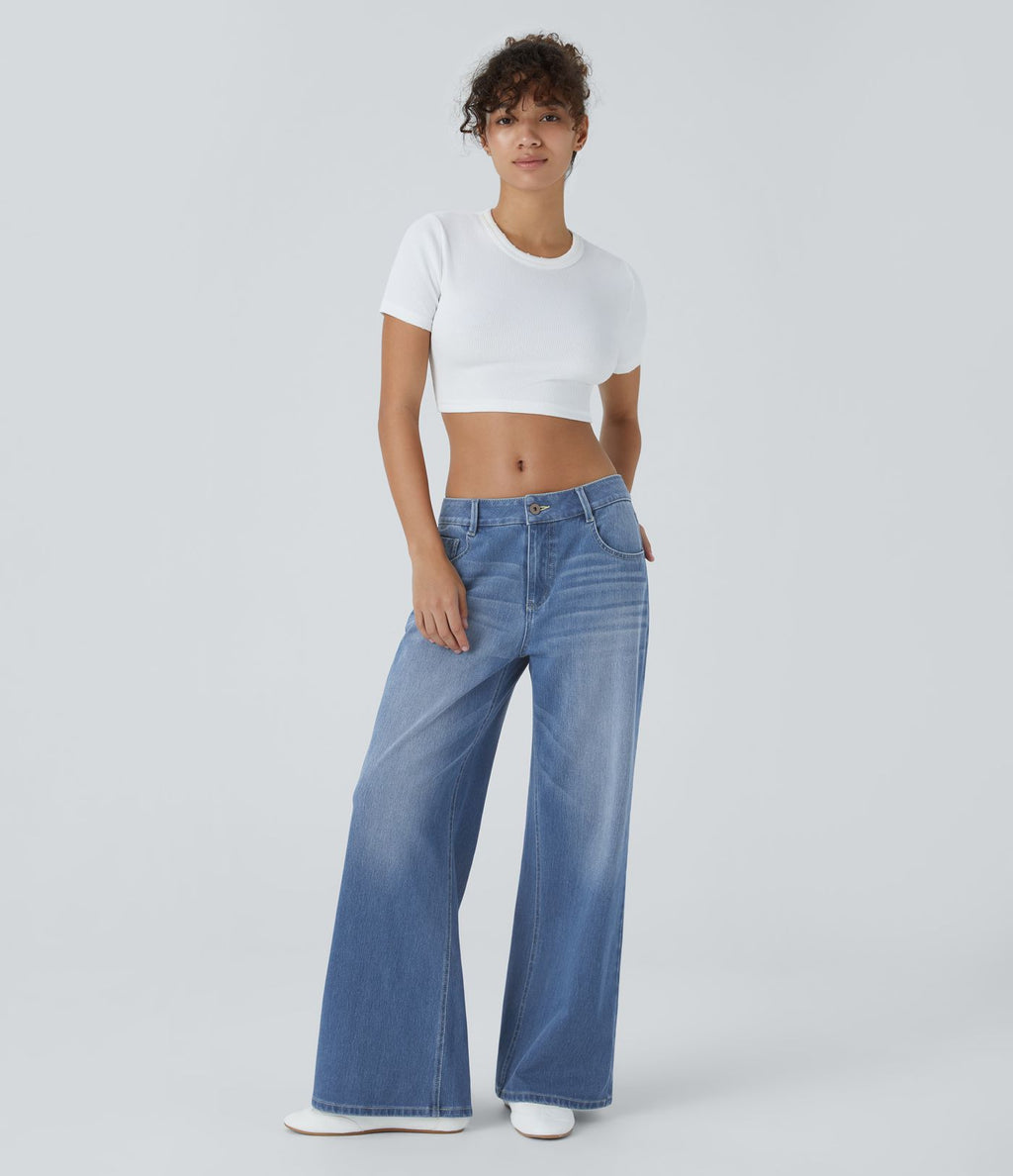 Halara Flex™ Jean Large Casual Taille Basse avec Boutons Zip Multiples Poches Lavés Élastiques et Tricotés