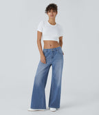 Halara Flex™ Jean Large Casual Taille Basse avec Boutons Zip Multiples Poches Lavés Élastiques et Tricotés
