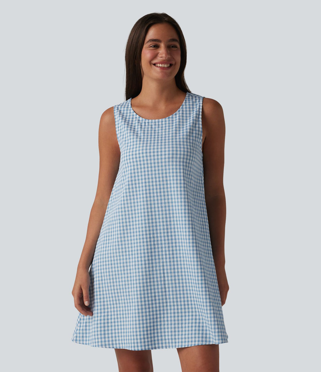 Robe débardeur mini décontractée col rond sans manches en vichy froissé avec poches