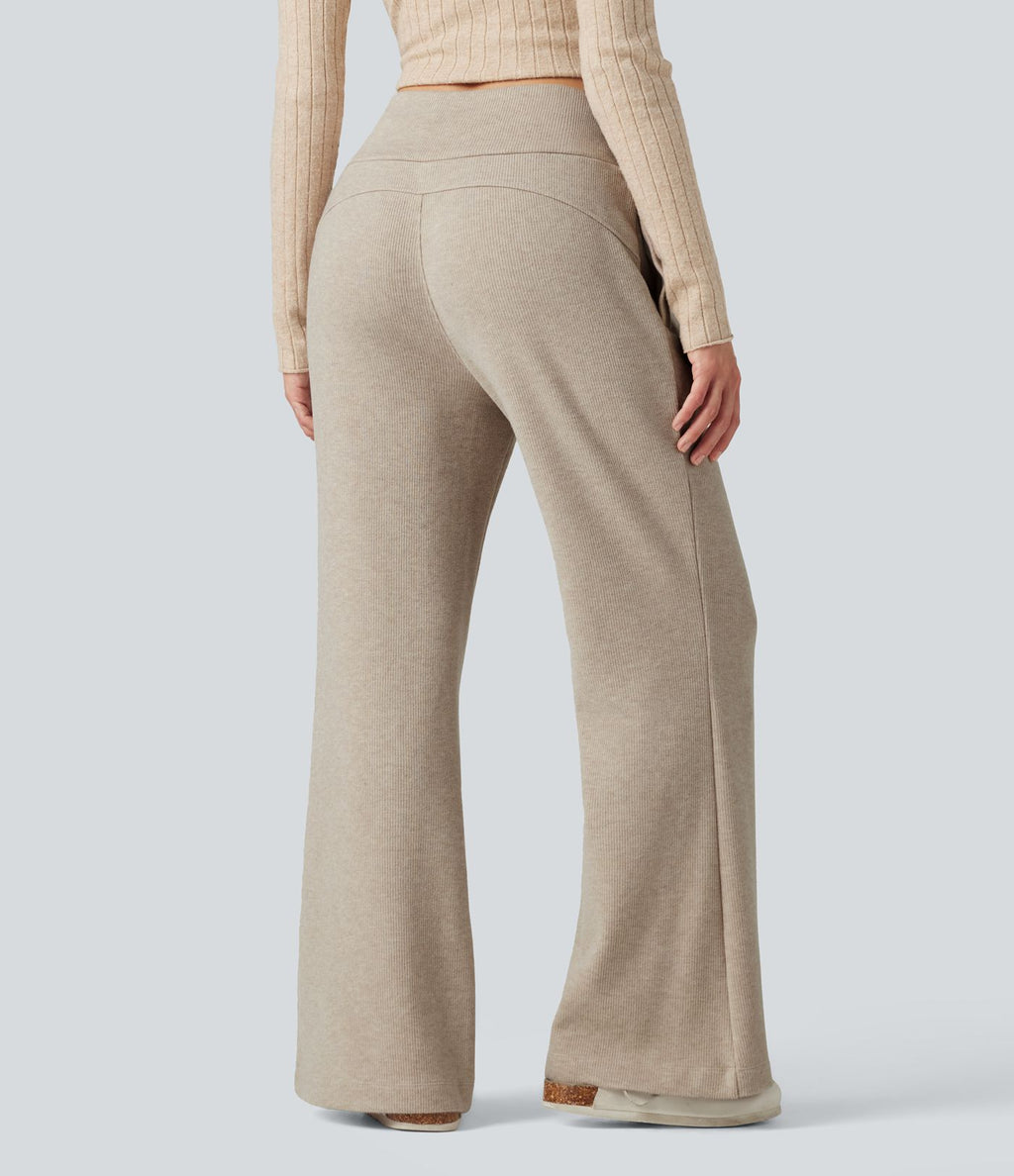 Pantalon large fluide côtelé taille haute avec cordon de serrage et poches