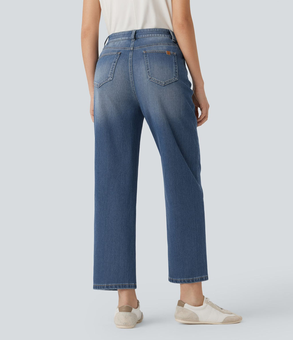 Jean 7/8 décontracté délavé taille haute coupe droite Halara Flex™ avec poches