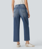 Jean 7/8 décontracté délavé taille haute coupe droite Halara Flex™ avec poches