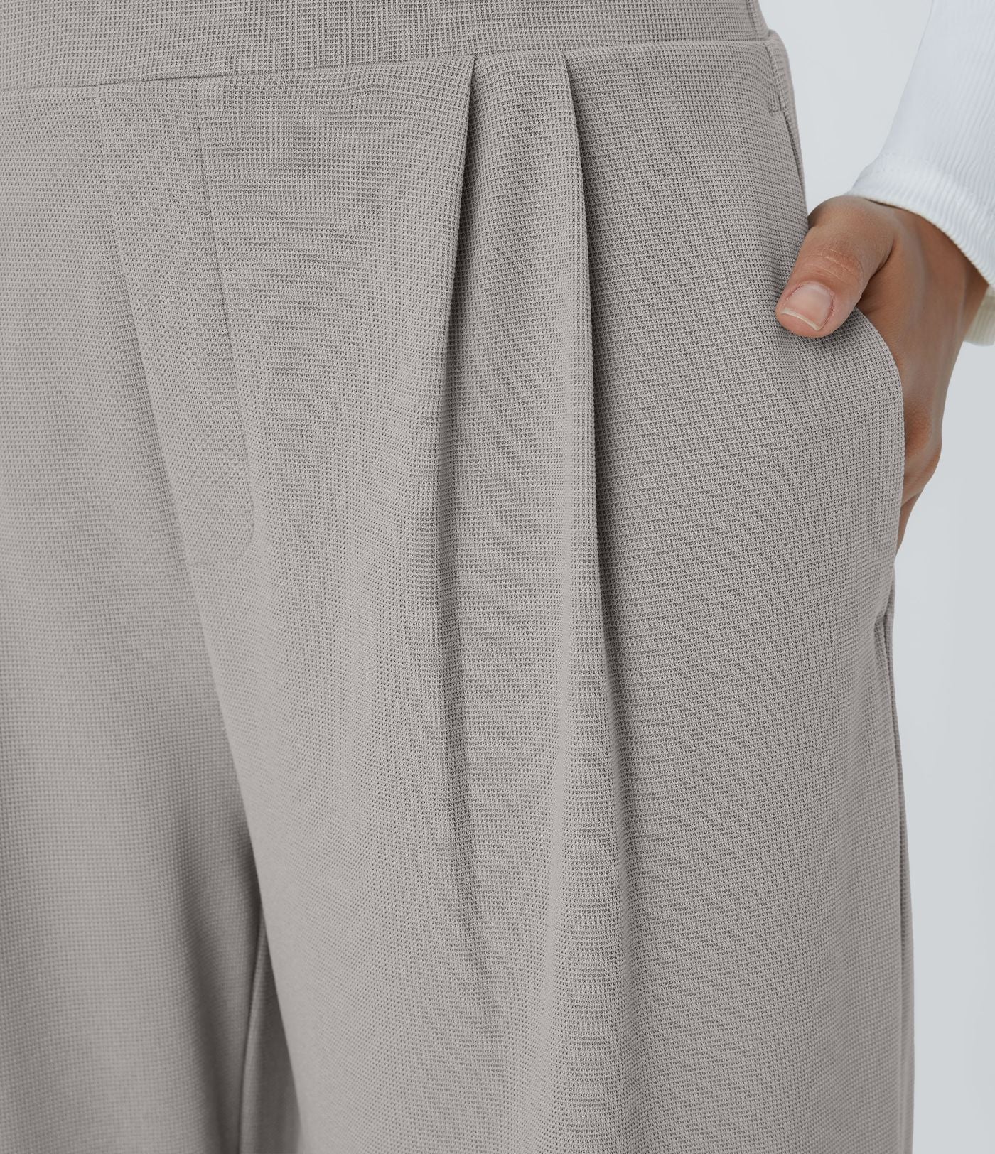 Halara Flex™ Pantalon Tailleur en Tissu Gaufré Taille Haute avec Large Ceinture Plis Poches Latérales Jambes Larges