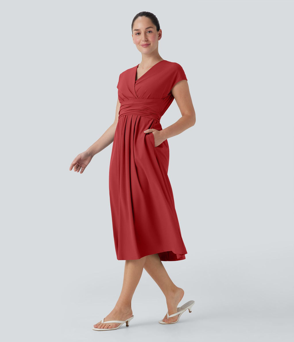 Robe midi Breezeful™ col V manches courtes à liens dans le dos séchage rapide avec poches latérales