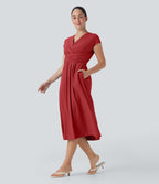 Robe midi Breezeful™ col V manches courtes à liens dans le dos séchage rapide avec poches latérales
