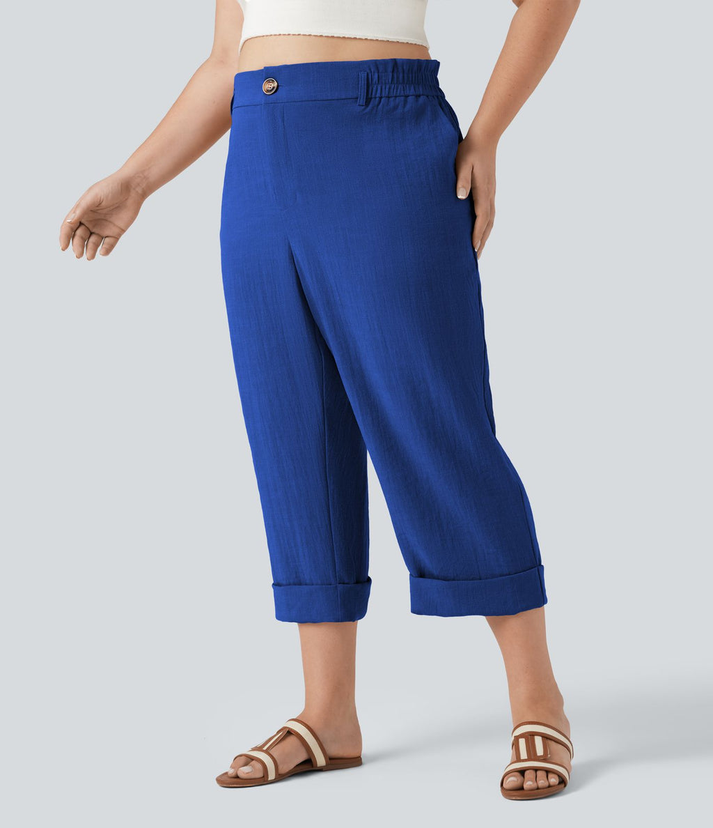 Pantalon de villégiature capri effet lin, grande taille, taille haute, avec poches
