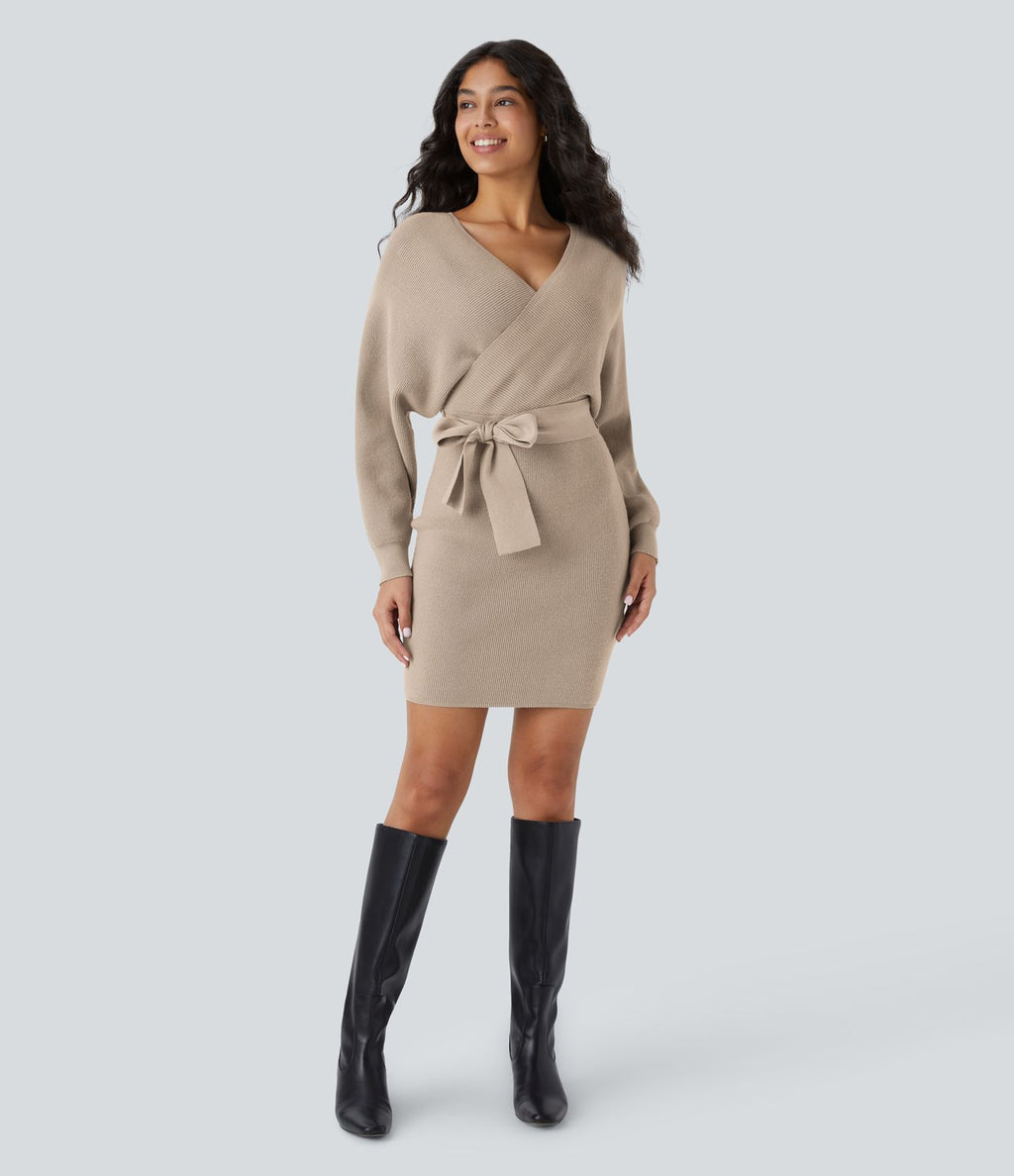 Robe-pull courte décontractée à col V croisé, manches chauve-souris longues et ceinture