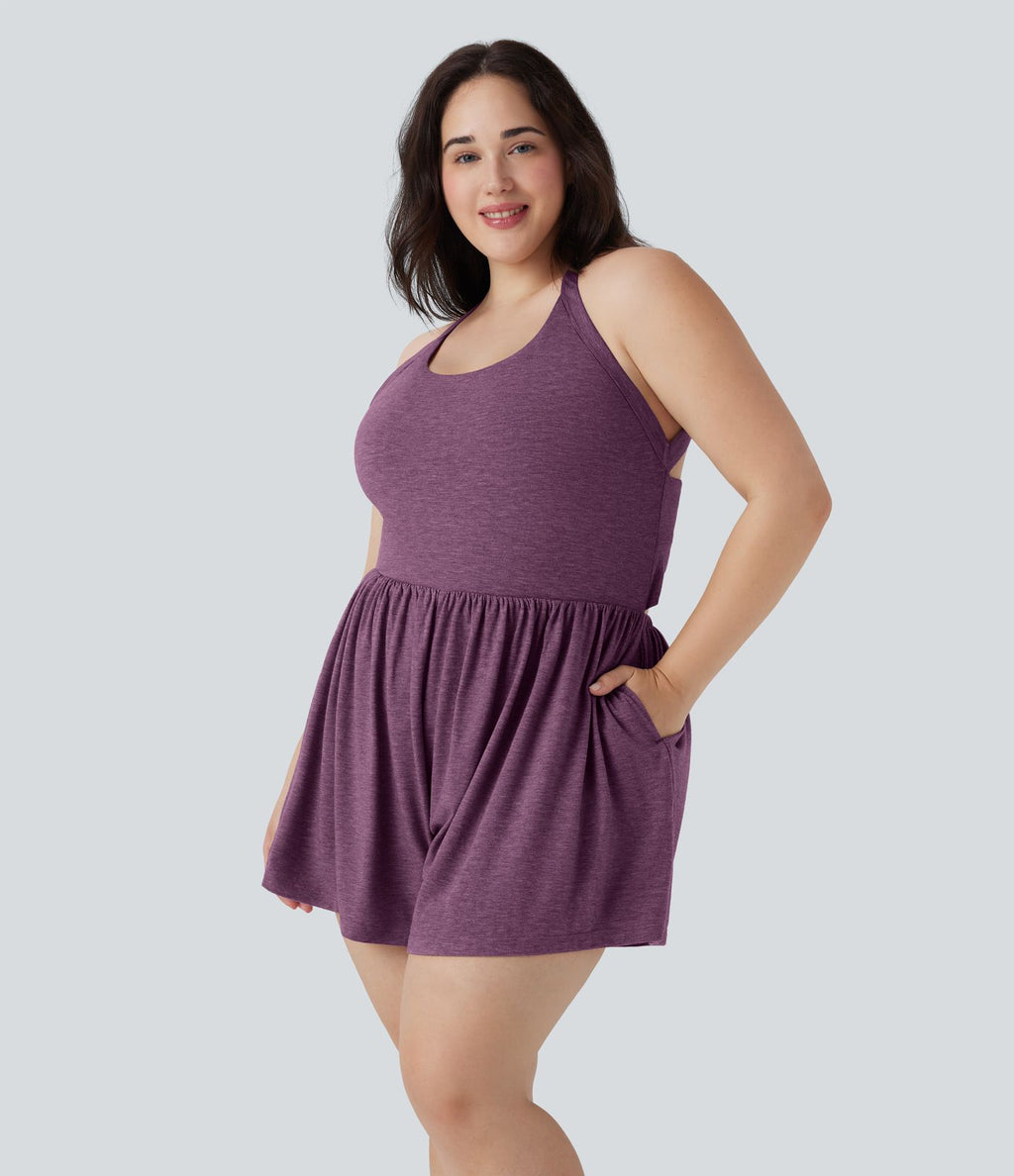 Combinaison-short de séjour grande taille 2-en-1 dos nu torsadée avec poches - Easy Peasy Edition