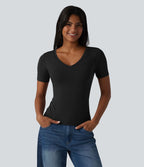 Halara T-shirt décontracté en jersey de coton col V manches courtes avec soutien-gorge intégré bonnets B-DD