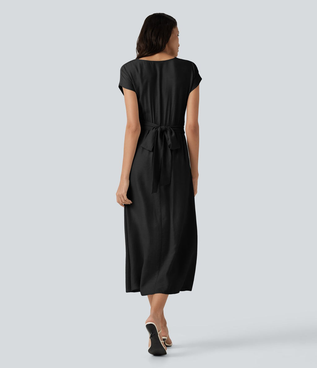 Robe midi casual fluide en mélange de lin col V à manches courtes avec dos noué et poches