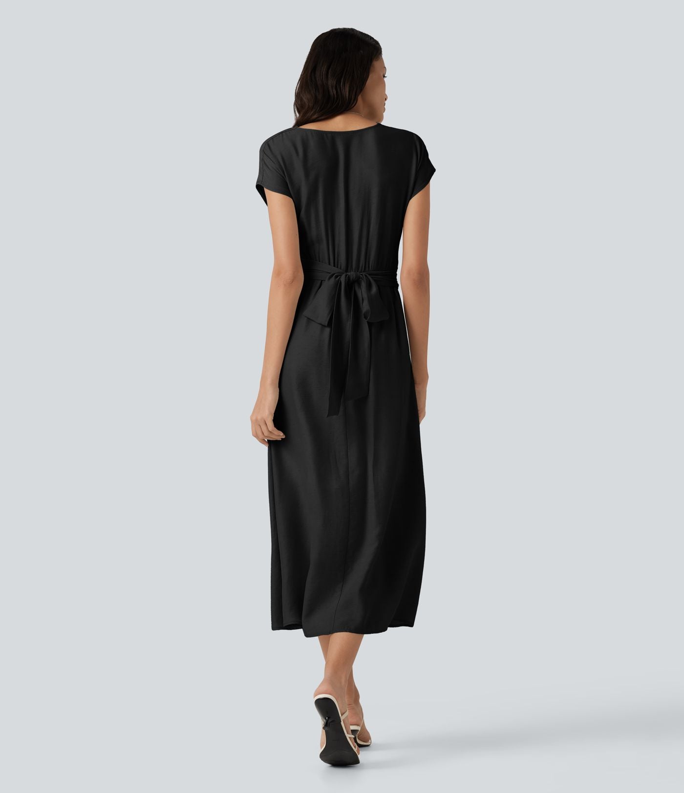 Robe midi casual fluide en mélange de lin col V à manches courtes avec dos noué et poches