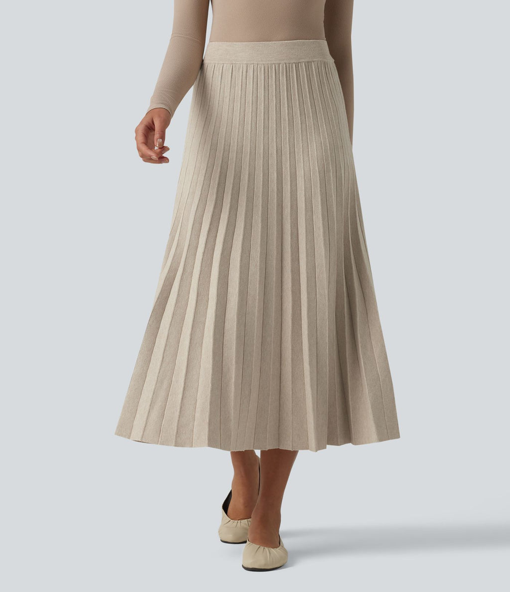 Jupe midi casual en maille plissée taille haute, coupe trapèze