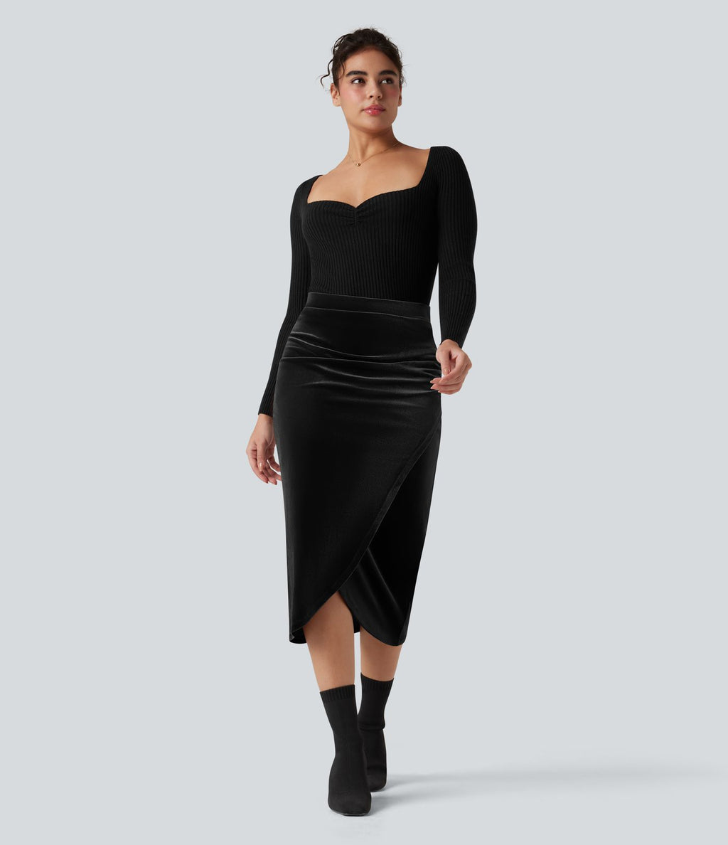 Jupe tulipe mi-longue velours taille haute