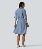 Robe courte casual denim en lyocell col V manches longues avec nœud devant et poches