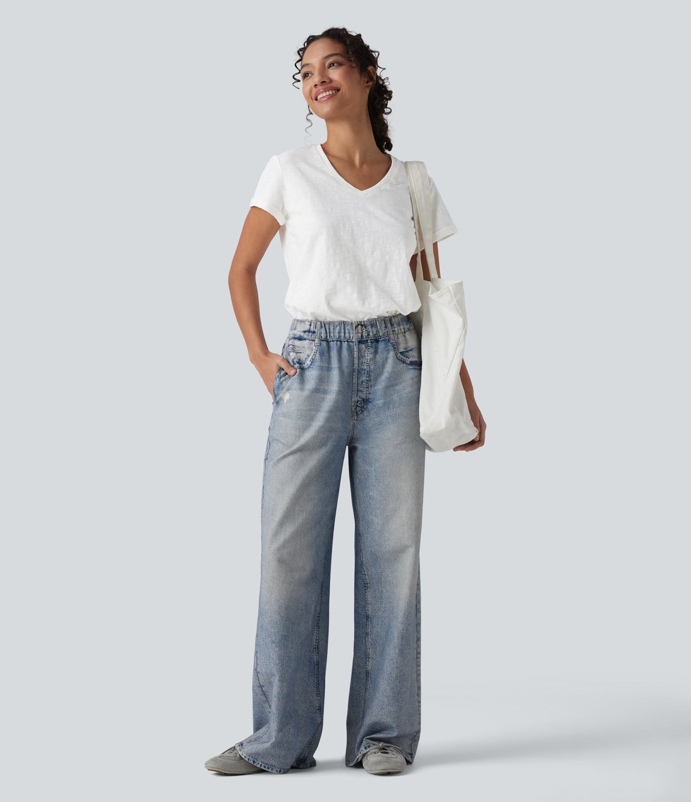 T-shirt casual ample col V manches courtes en coton slub