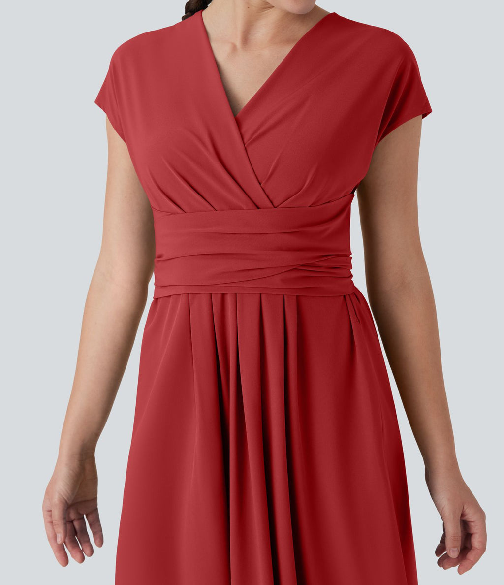 Robe midi Breezeful™ col V manches courtes à liens dans le dos séchage rapide avec poches latérales