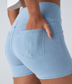Halara Flex™  Shorts 7,5cm Denim Casual Taille Haute Poches Latérales Croisées en Maille Extensible