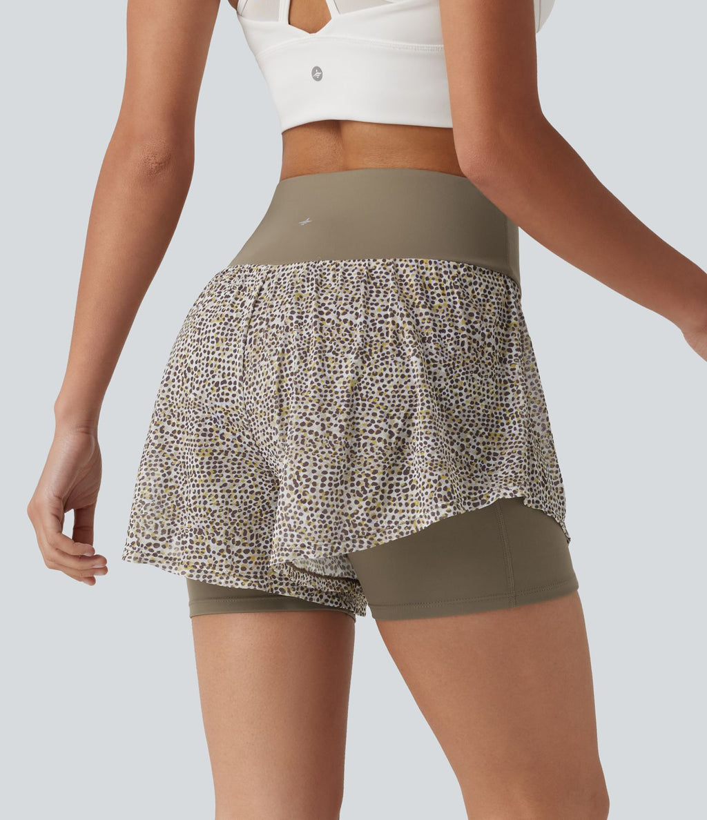 Short baggy de running 2-en-1 taille haute à imprimé léopard avec poches