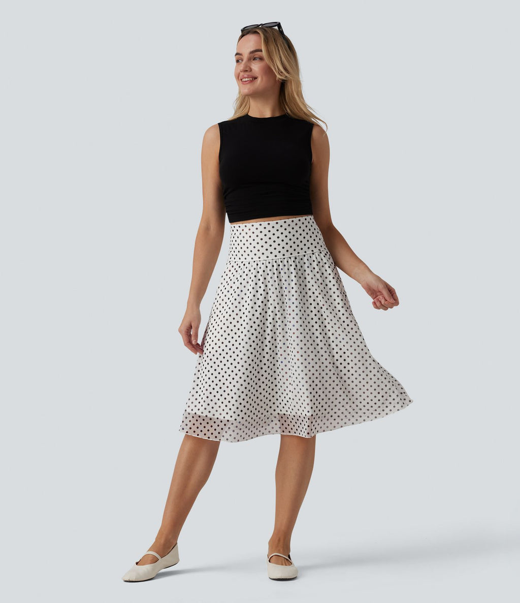 Jupe casual mi-longue gainante taille haute en mesh à pois avec poches