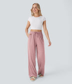 Pantalon large décontracté taille haute avec cordon de serrage et poches latérales