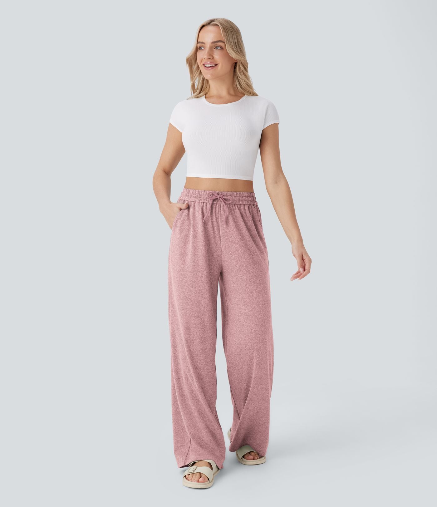 Pantalon large décontracté taille haute avec cordon de serrage et poches latérales