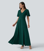 Robe longue fluide de demoiselle d'honneur et d'invitée de mariage, fendue, à manches à volants et col V profond, avec soutien-gorge intégré et poches