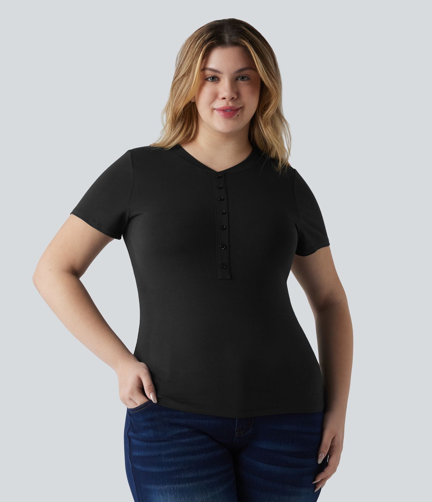T-shirt Halara grande taille décontracté en jersey de coton, col Henley ultra-ajusté, manches courtes