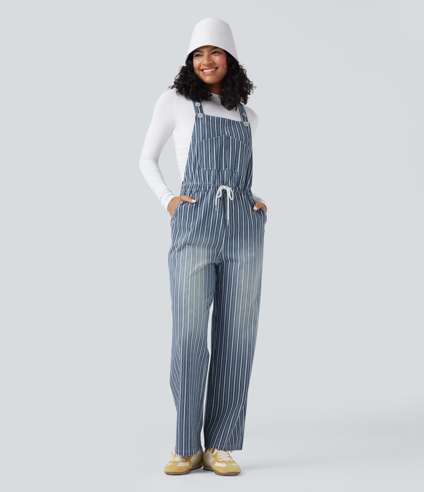 Salopette en denim décontractée droite à rayures Halara Flex™ avec cordon et poches