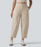 Pantalon casual taille mi-haute coupe tonneau aspect lin, avec poches