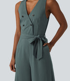 Combinaison tailleur sans manches à col V, ceinturée, avec zip invisible, rayures et effet frais avec poches, accès facile Easy Peasy