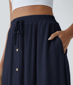 Jupe Midi Fluide Taille Haute Cordon de Serrage Boutonnés Poches Latérales
