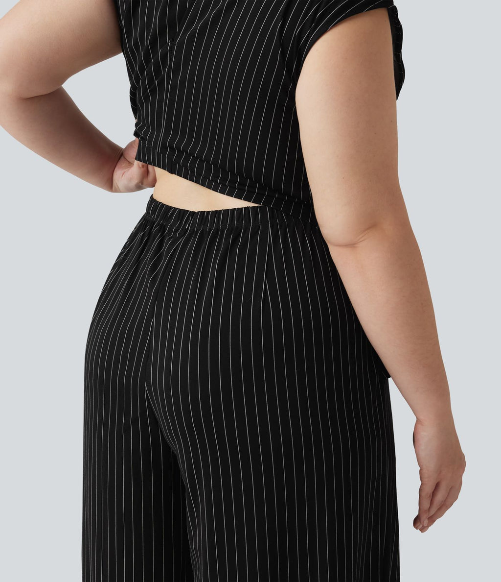 Combinaison grande taille rayée effet frais InstantCool à col bateau pour le bureau avec nœud sur le côté, poches et accès facile Easy Peasy