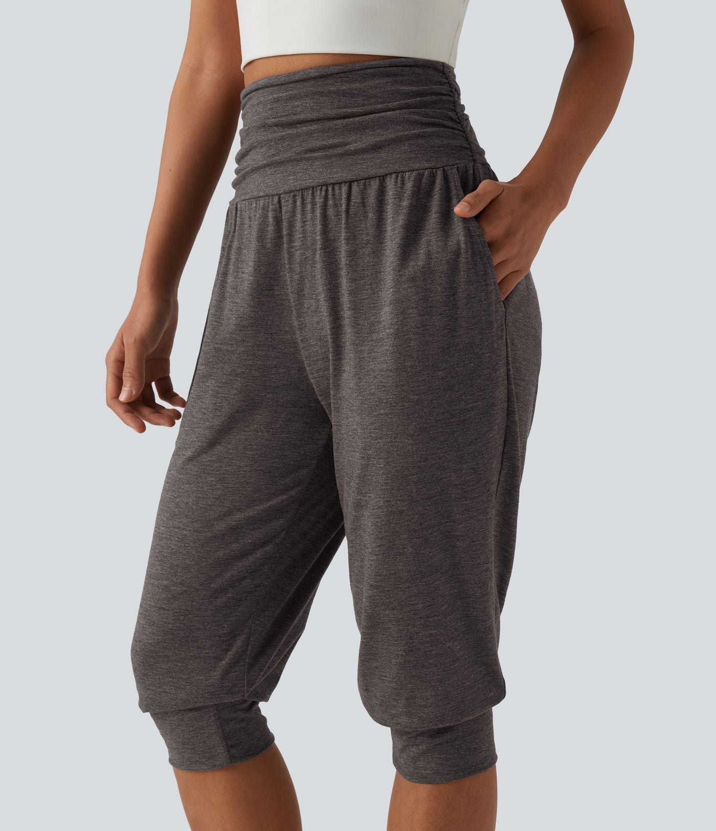 Jogging yoga corsaire chiné taille haute à fronces avec poches