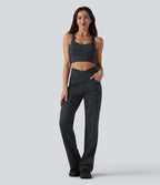 Pantalon de yoga droit taille haute croisée ventre plat à rayures avec poches
