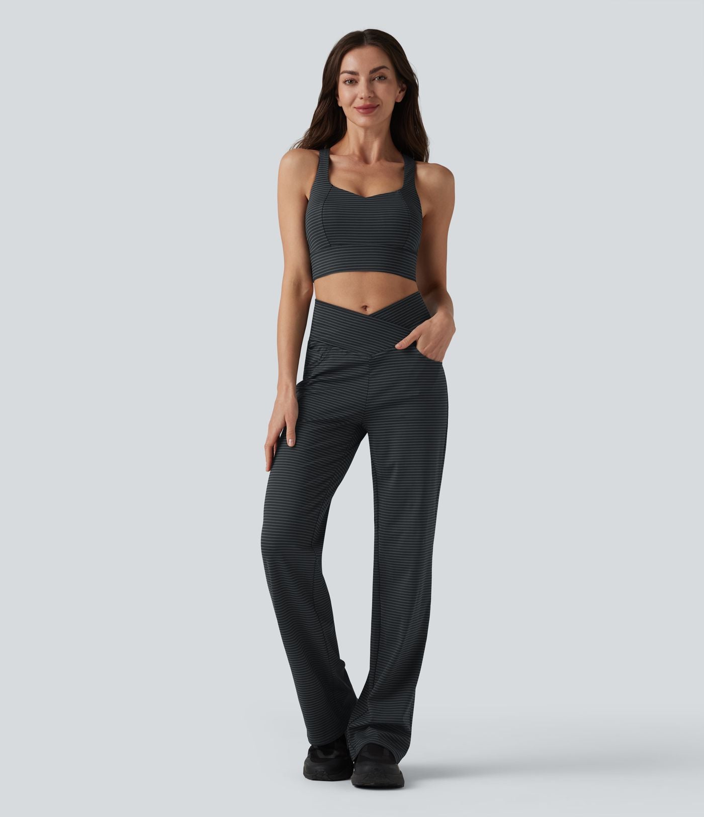 Pantalon de yoga droit taille haute croisée ventre plat à rayures avec poches