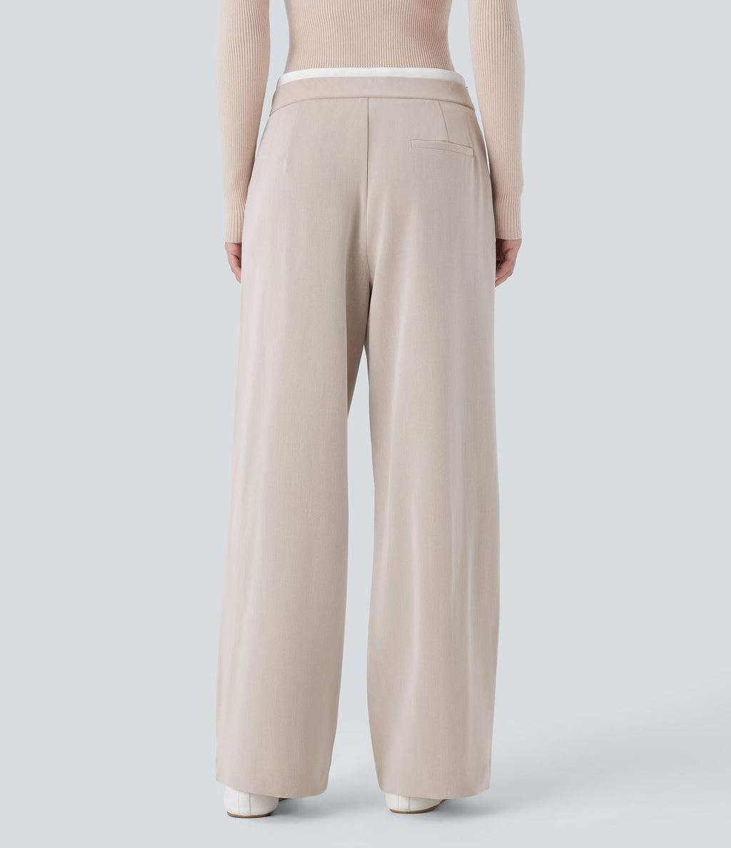 Pantalon décontracté jambe large bicolore double épaisseur, taille basse avec poches latérales