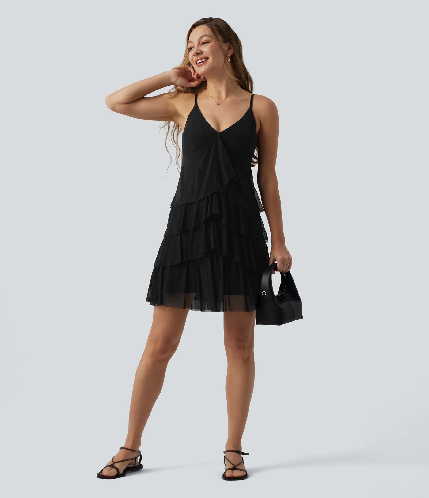 Robe nuisette courte décontractée à volants, dos nu croisé, empiècement en résille, brassière intégrée et poches