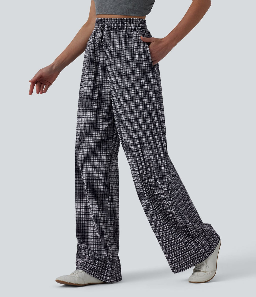 Pantalon large casual taille haute carreaux froissés à séchage rapide avec cordon de serrage et poches zippées