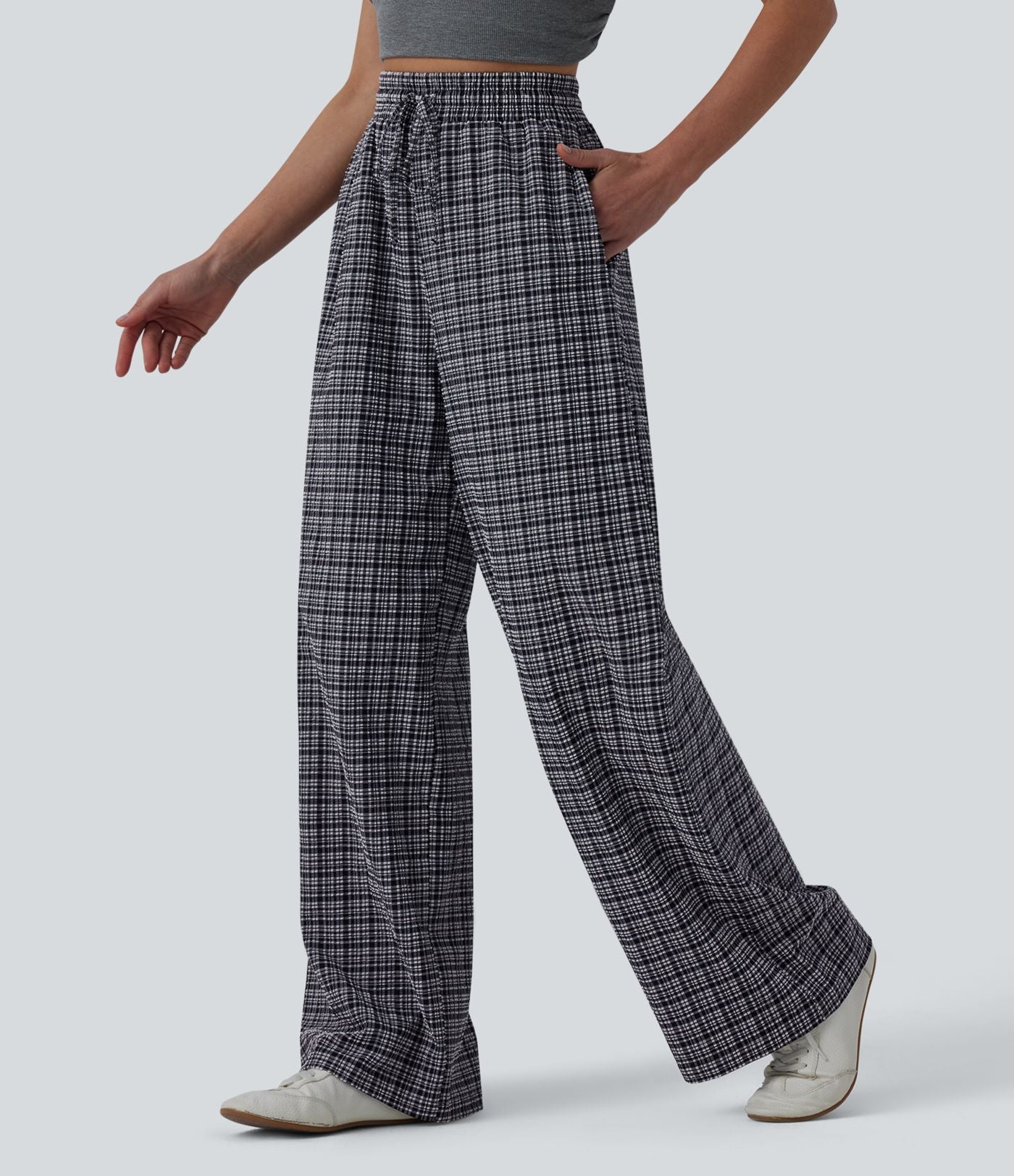 Pantalon large casual taille haute carreaux froissés à séchage rapide avec cordon de serrage et poches zippées