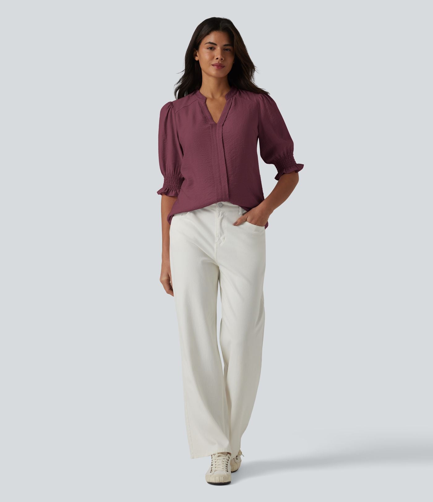Blouse décontractée à col en V et manches courtes bouffantes