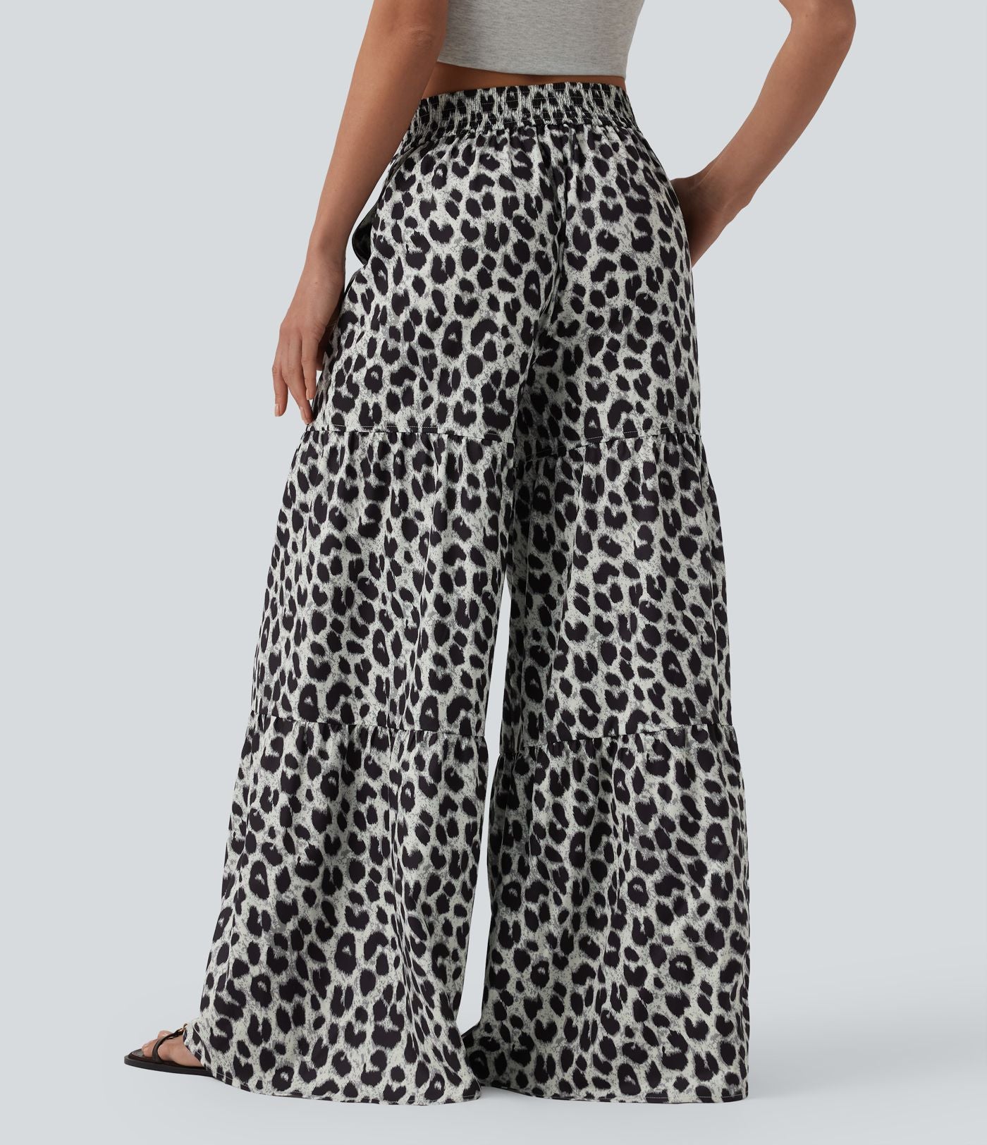 Pantalon ample décontracté taille mi-haute avec nœud devant imprimé léopard avec poches