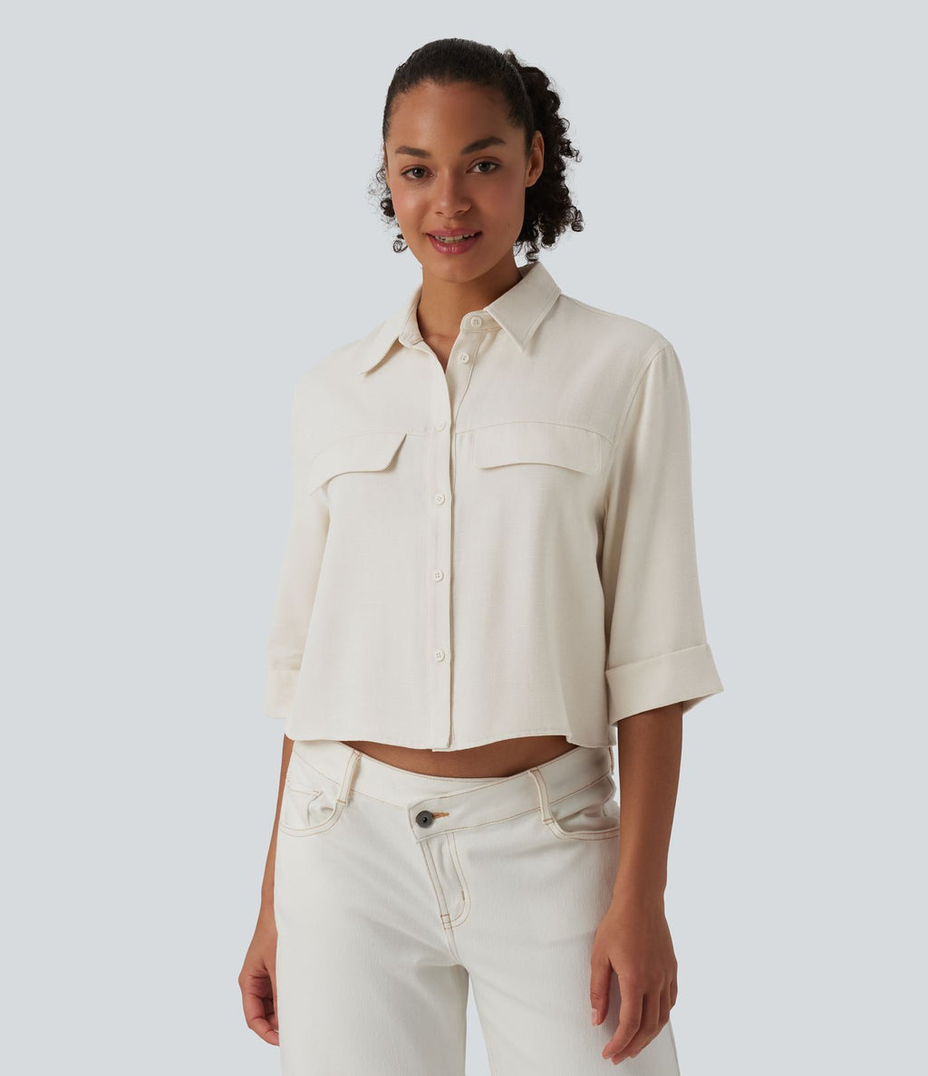 Chemise décontractée mélange lin manches mi-longues