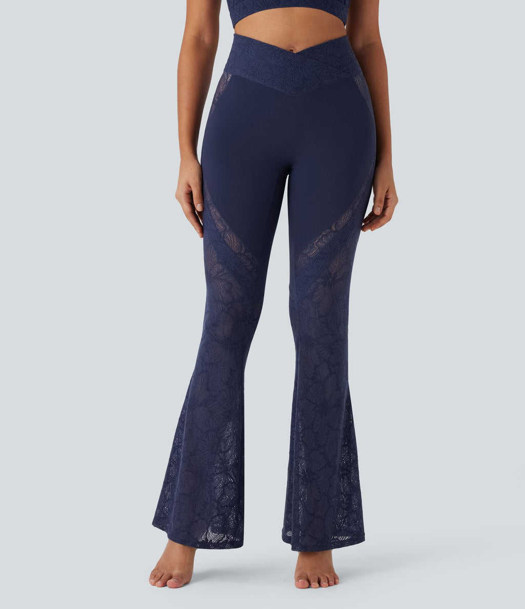 Pantalon de yoga évasé à taille haute croisée, poche arrière et dentelle