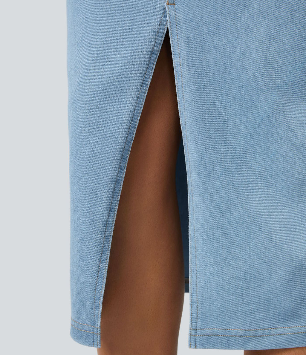 Halara Flex™ Jupe en Jean Midi Casual Tricot Extensible Taille Haute Poches Multiples