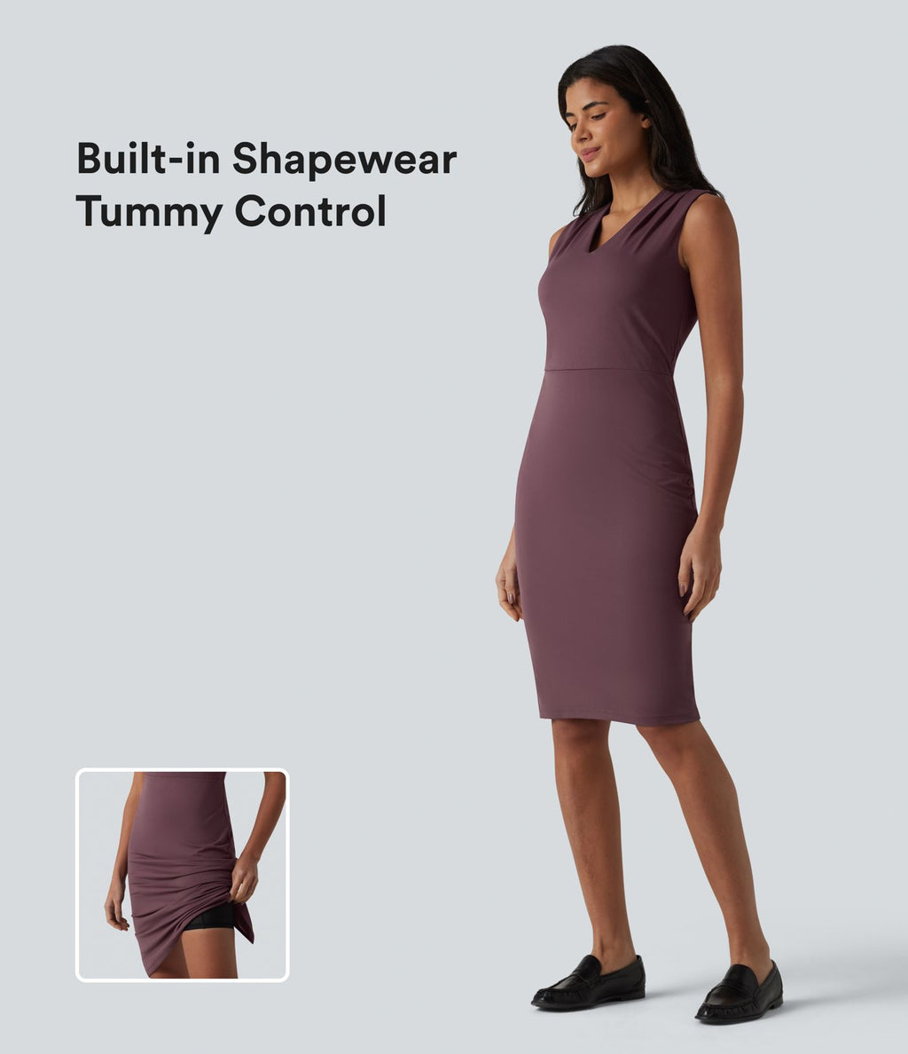 Robe midi tailleur sans manches col V ventre plat avec gainant intégré