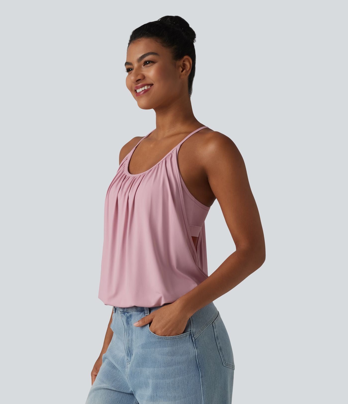 Débardeur décontracté col U froncé 2-en-1 avec brassière intégrée effet frais InstantCool séchage rapide, protection solaire UPF50+