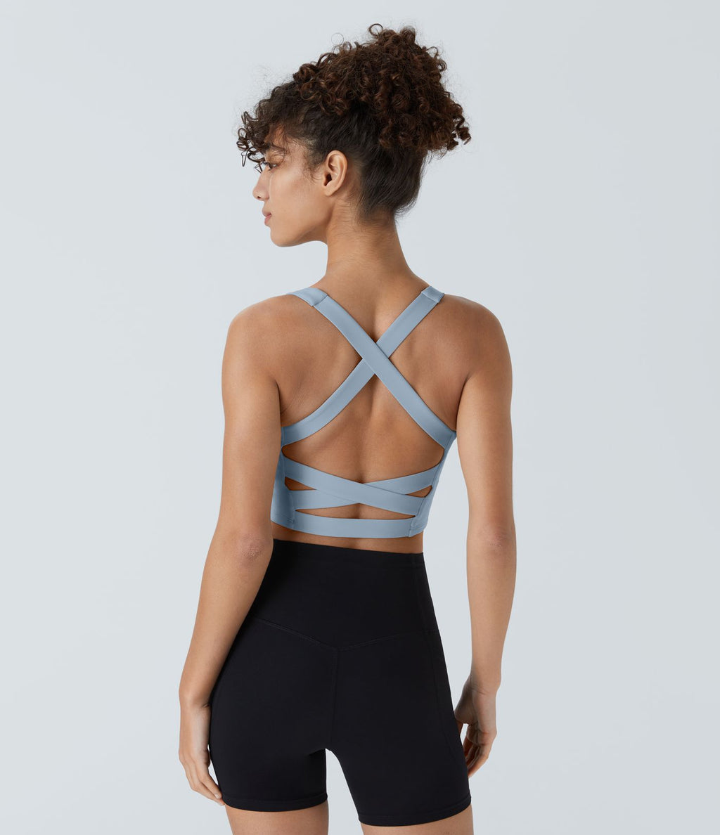 Débardeur yoga court SoftlyZero™ Airy col carré dos nu bretelles croisées effet frais InstantCool, bonnets A-C, protection solaire UPF50+