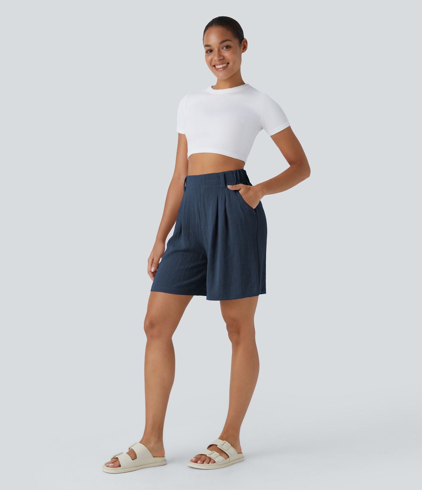 Bermuda Large Fluide Taille Haute avec Plis et Poches Latérales en Lin Synthétique