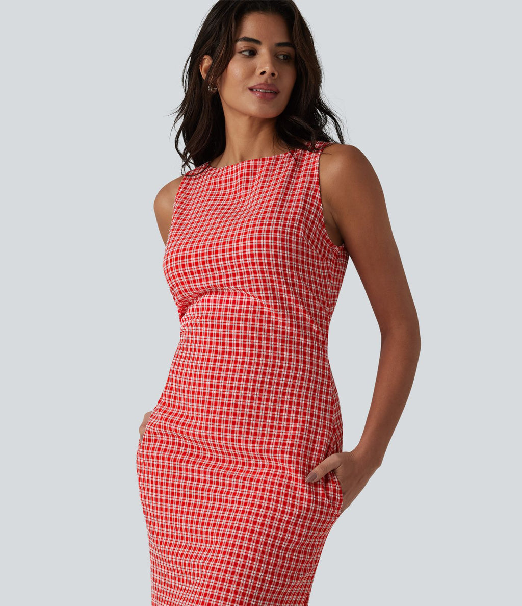Robe mini casual sans manches col bateau à carreaux vichy, avec poches