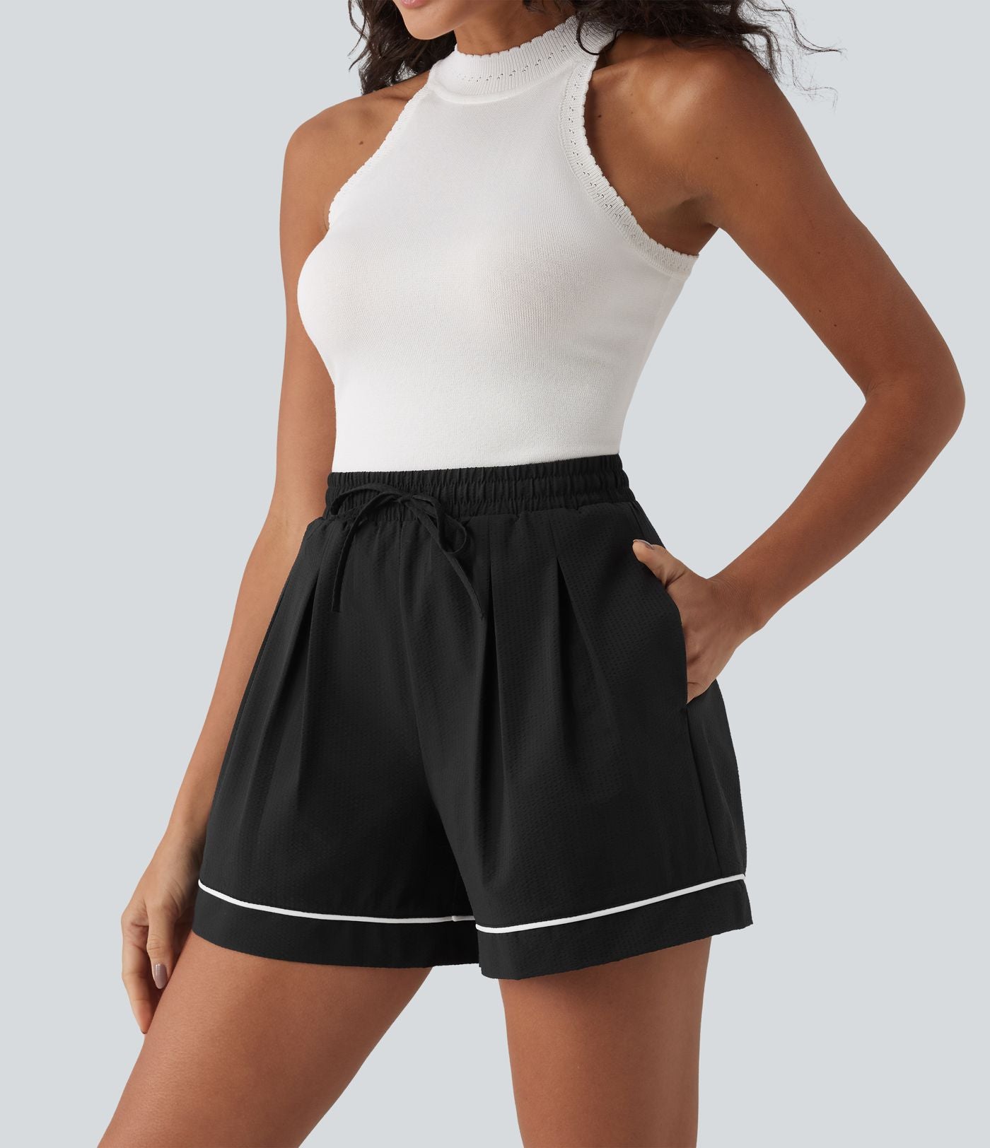 Short tailleur ample vacances froissé à plis séchage rapide taille haute avec cordon de serrage et poches